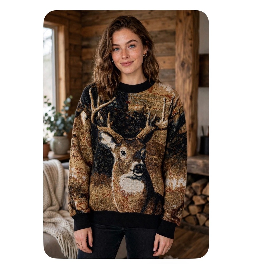 Sugar Street Weavers Vintage Tapestry Deer Sweater Cotton One Size Made in USA